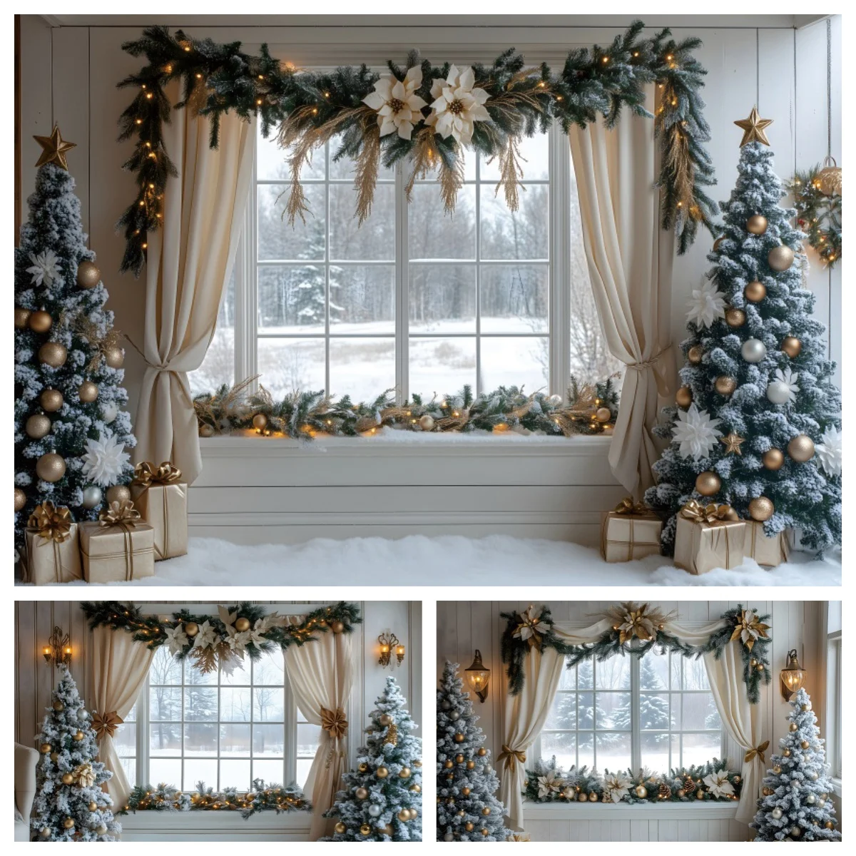 Winter Christmas Photography Backdrop Indoor New Year Snow House Curtain Xmas Trees Wreath Adult Child Portrait Photo Backdrop