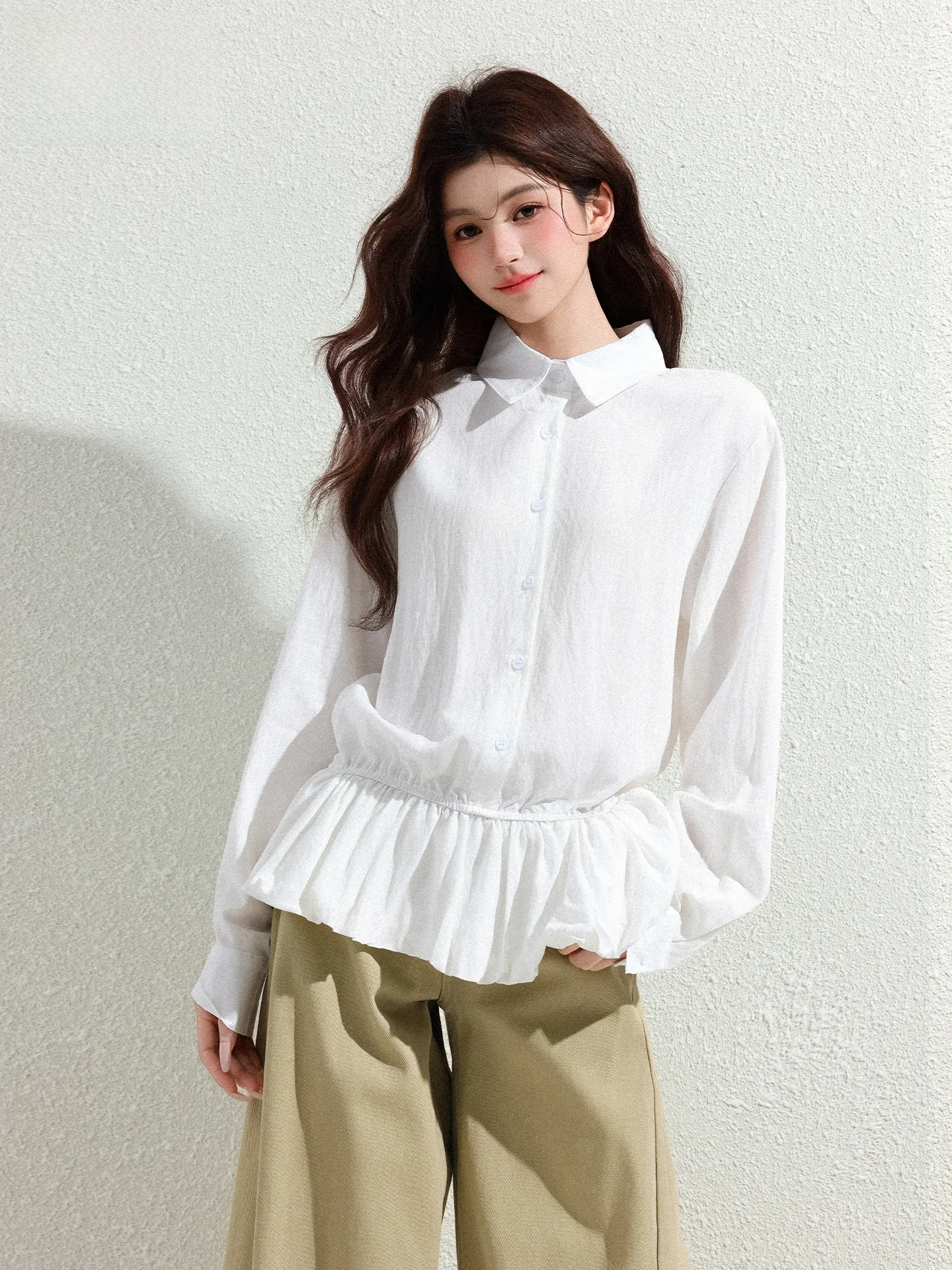 

White Collar Shirt Women's Summer Slim Fit Long Sleeve Waist Cinched Casual Style Fashionable Resembles Lily Top