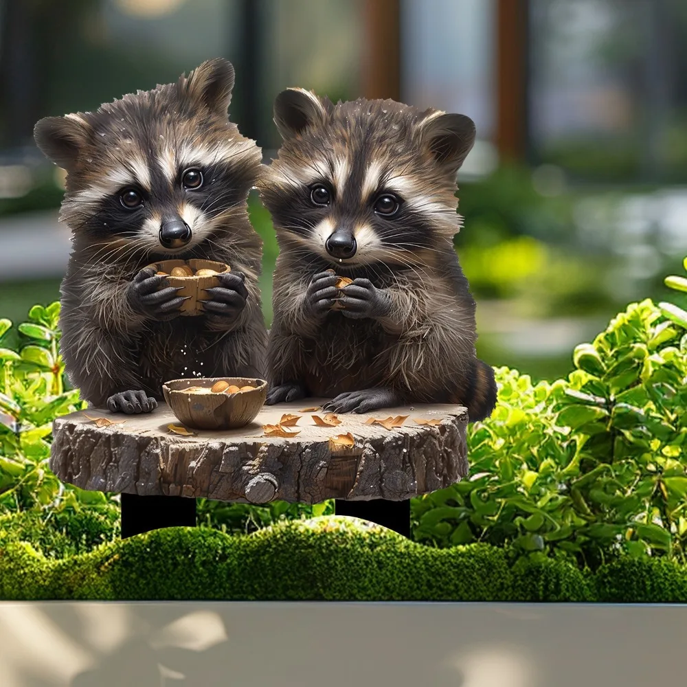 

Charming Raccoon Pair acrylic pile for flower pots and landscape. Bohemian-style outdoor art.