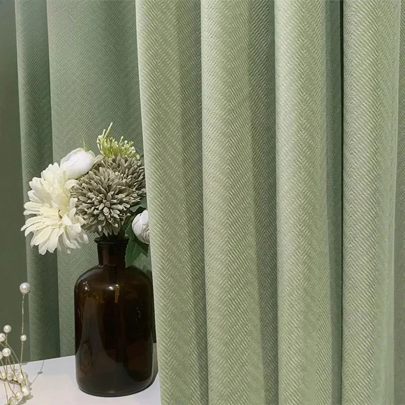 Japanese Matcha Green Herringbone Velvet Chenille Blackout curtains for Living Dining Bedroom Balcony Thermal Privacy Drapes