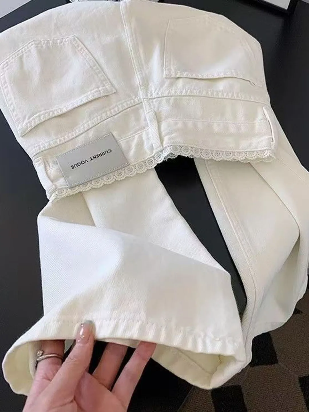 

Slimming Splice White Lace Jeans High Waist Cuffed Loose Straight Leg Wide Leg Long Pants Casual Style Pocket Detail