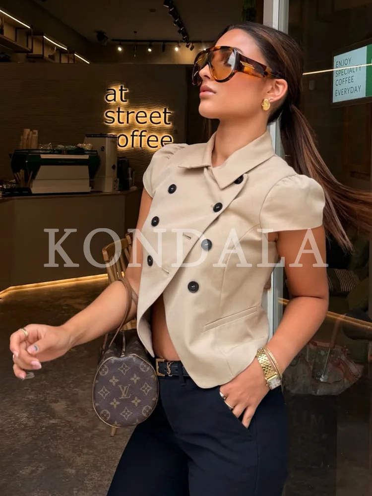 KONDALA Damen Pendler-Schicker Kurzarm-Blazer, Zweireihig, Slim Fit, Eleganter Blazer, Sommer 2026, Trendiges High-Street Casual Top – Detail 2