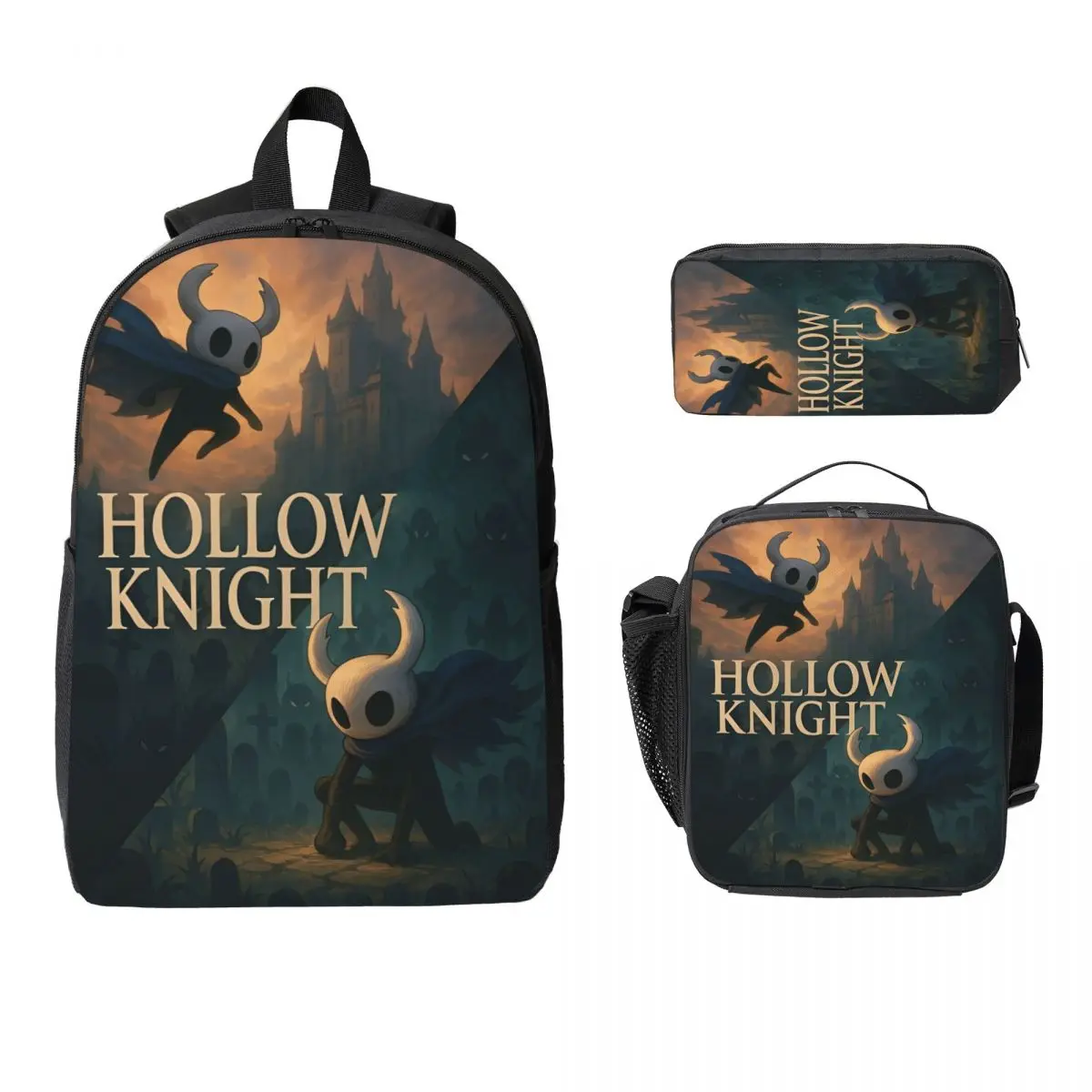 3Pcs Hollow Knight Prints Backpack Set for Children Pen Bags Bookbag Sets with Lunch Box For School Students Knapsack