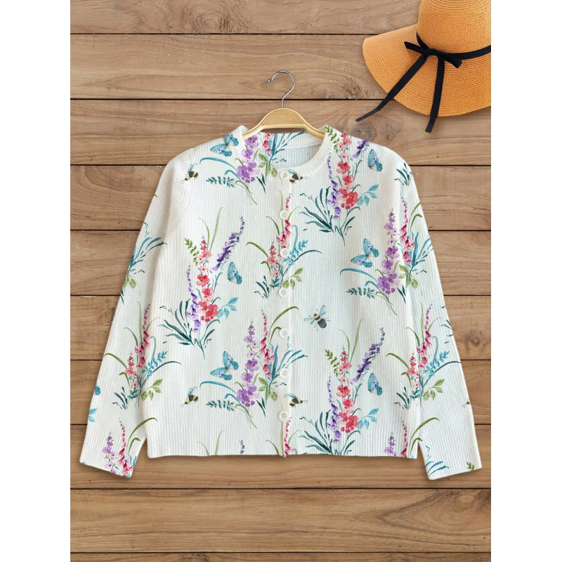 

Simple Butterfly Floral Print Girls' Sweater Cardigan Warm High-Quality Round Neck Long Sleeve Button Autumn Winter Casual Daily