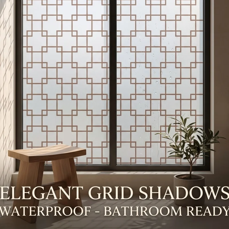 Self Adhesive Brown Lattice Grid Window Film Frosted Privacy Glass Sticker Home Decor for Bedroom Bathroom