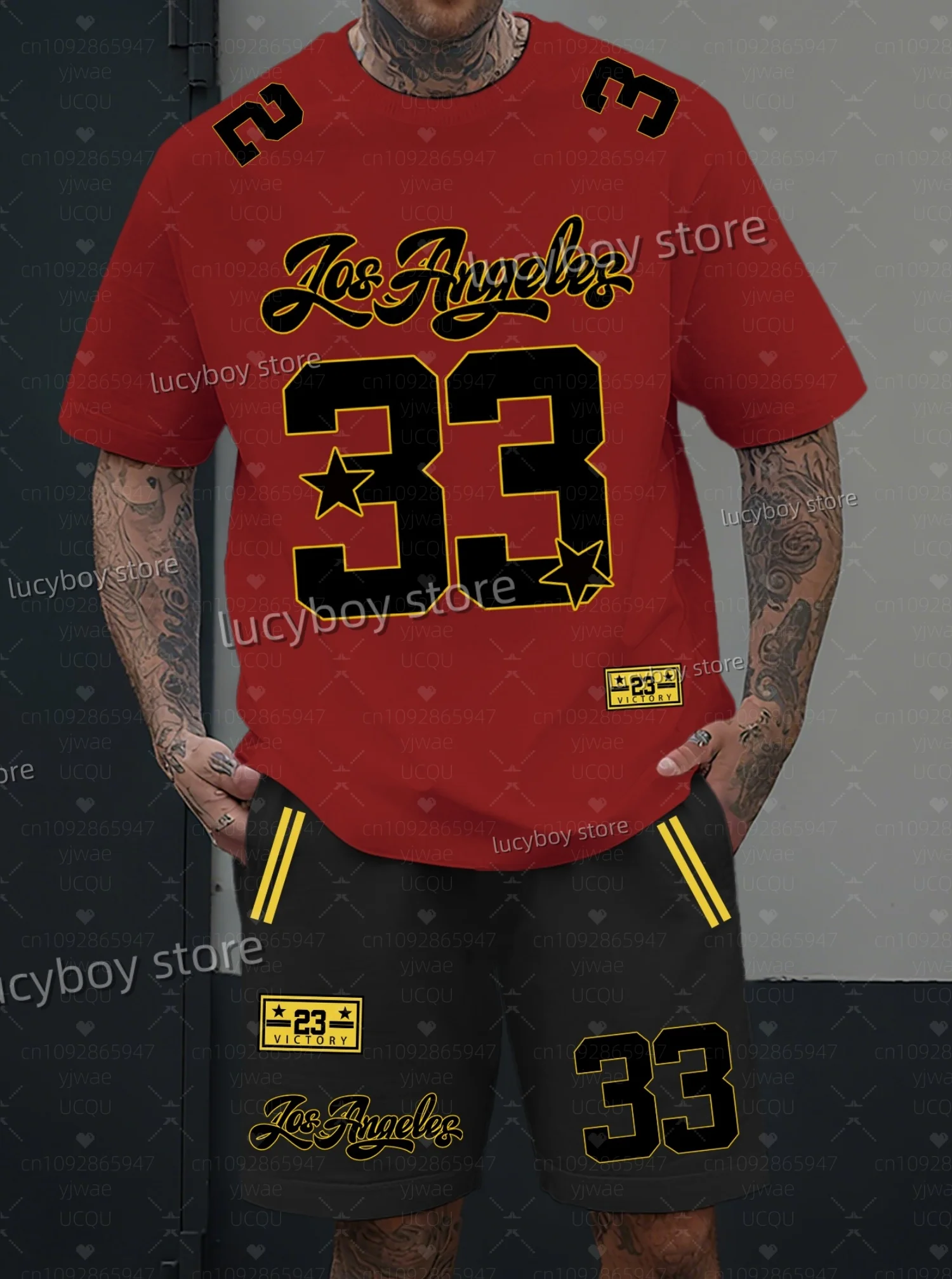 

2025 Лидер продаж для мужчин LOS ANGELES NO.33 Комплект с принтом Футболка с короткими рукавами и шортами Комплект для бега для взрослых Спортивный костюм больших размеров Комплект из 2 предметов