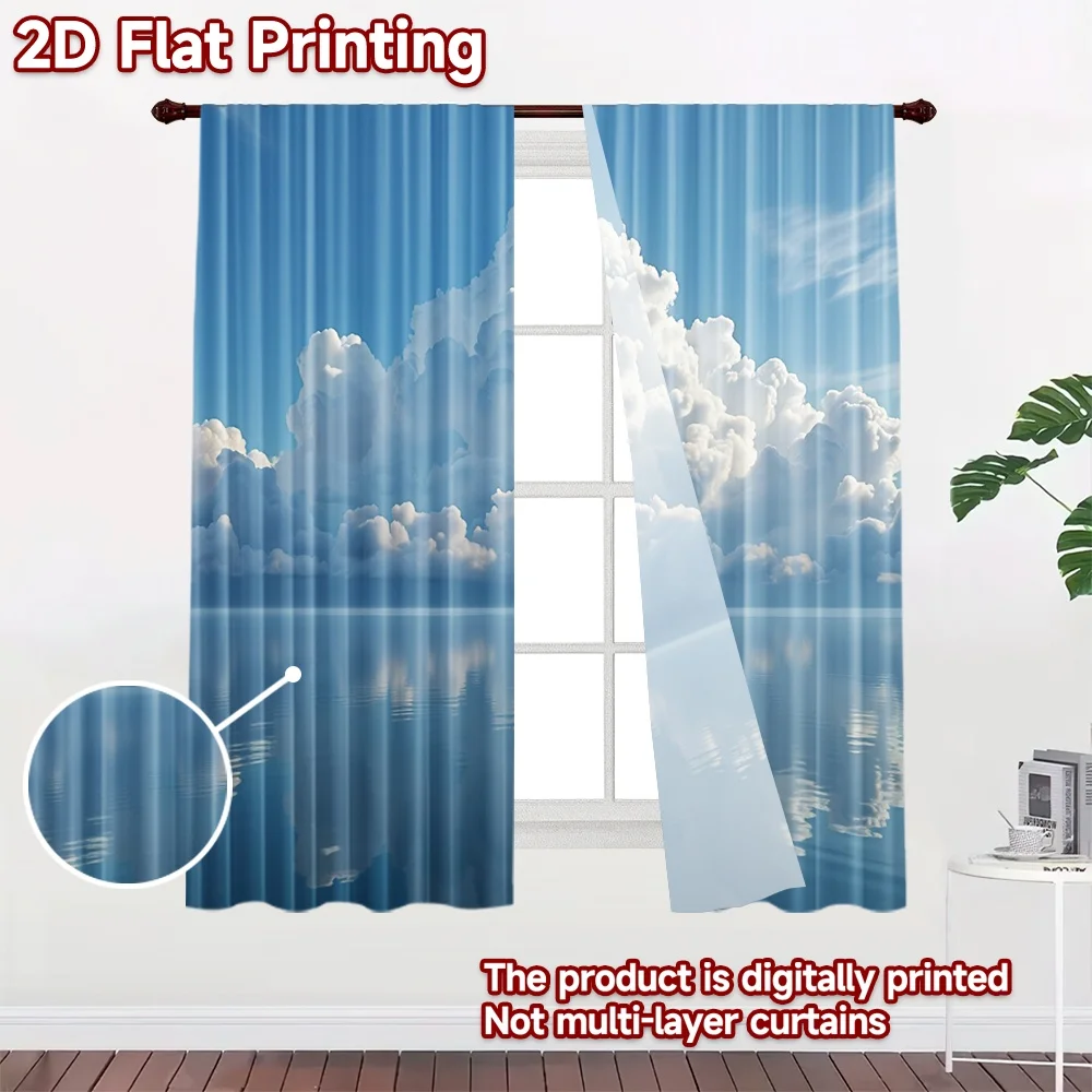 2D flat 2pcs Curtain French Romantic Style Clouds Over Calm Water Durable polyester fiber Festive Holiday Perfect for Room