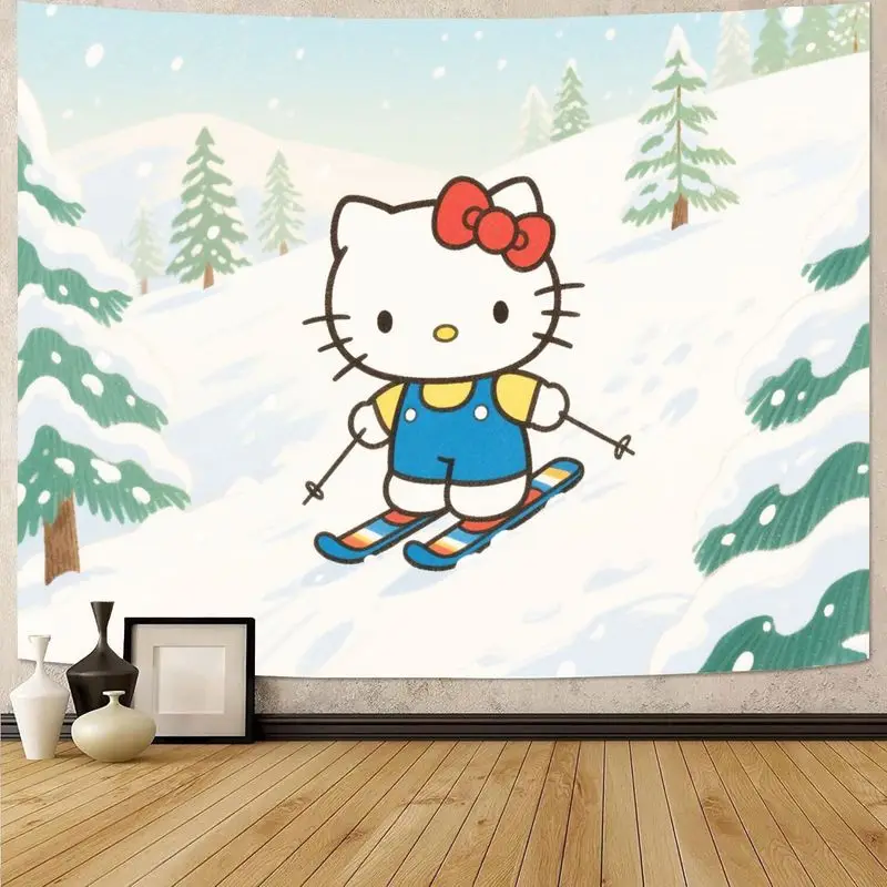 

1 шт. Sanrio Hello Kitty лыжный гобелен Зимняя страна чудес настенное искусство современный полиэстеровый декор для спальни, гостиной, общежития, милый подарок