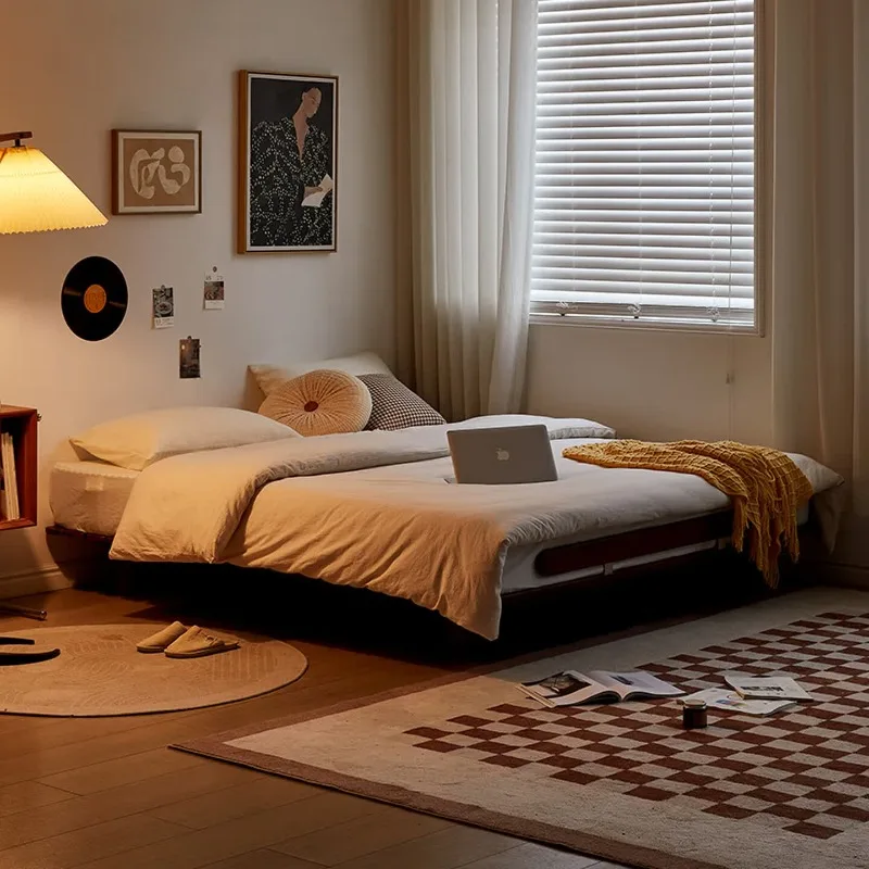 Xiaoji suspension bed is all solid wood without bedside, small apartment simple master bedroom with bag bed
