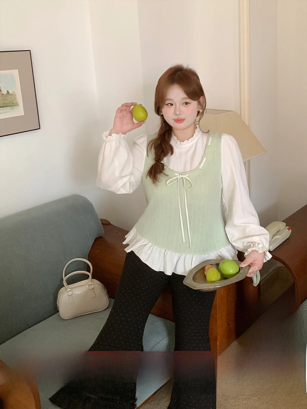 

Xu Da Bu plus Size Knitted Sweater Women's Spring Bell Sve Fake Two-Piece Slim Fit Splicing Top Faion Ladies Knitwear