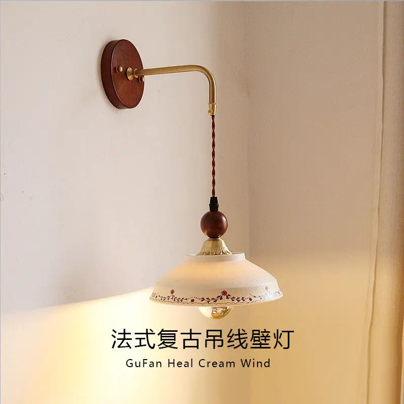 

Japanese Vintage Hand-painted Ceramics Wall Lamp With Pull Switch Modern Simple Bedroom Bedside Living Room Study Sconces Lights