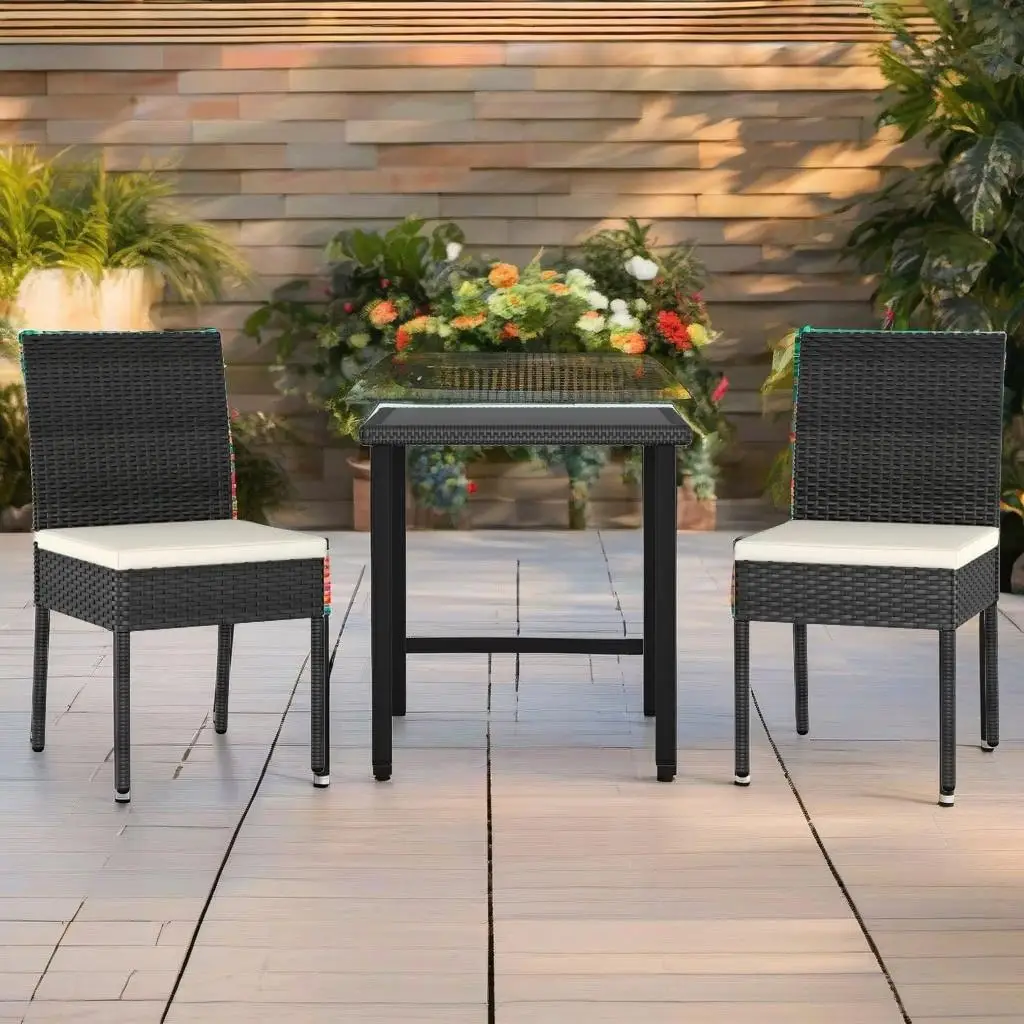 3-Piece Black Poly Rattan Patio Dining Set - Stylish Outdoor Furniture for Garden Balcony