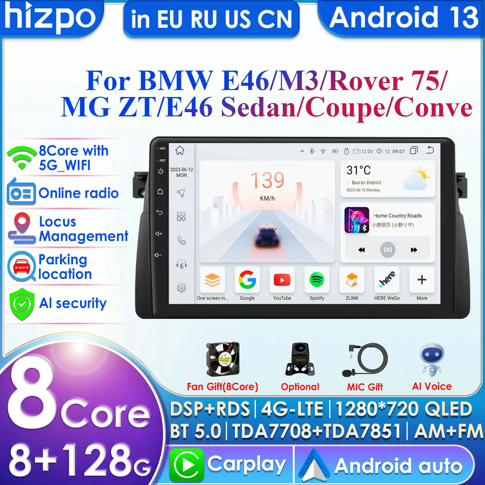 Hizpo 4G 9'' AI Intelligent Systems Wireless CarPlay Android Auto Radio for BMW 3 Series E46 M3 318 320 325 330 335 1998-2005 BT