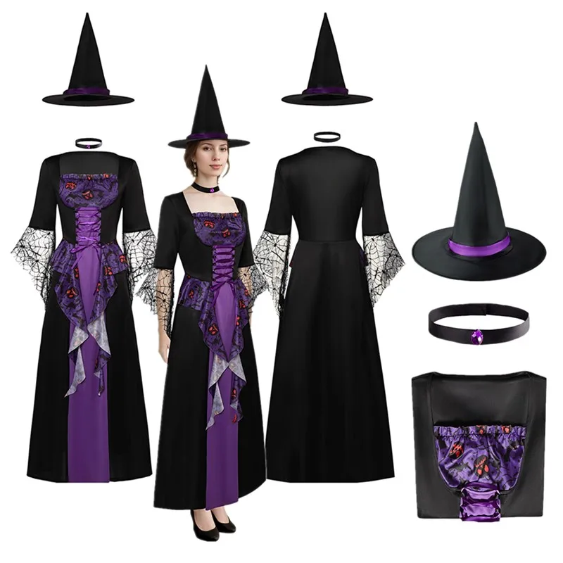 Adult Witch Cosplay Costume Fantasy Women Dress Hat Neckband Outfits Halloween Carnival Party Suit