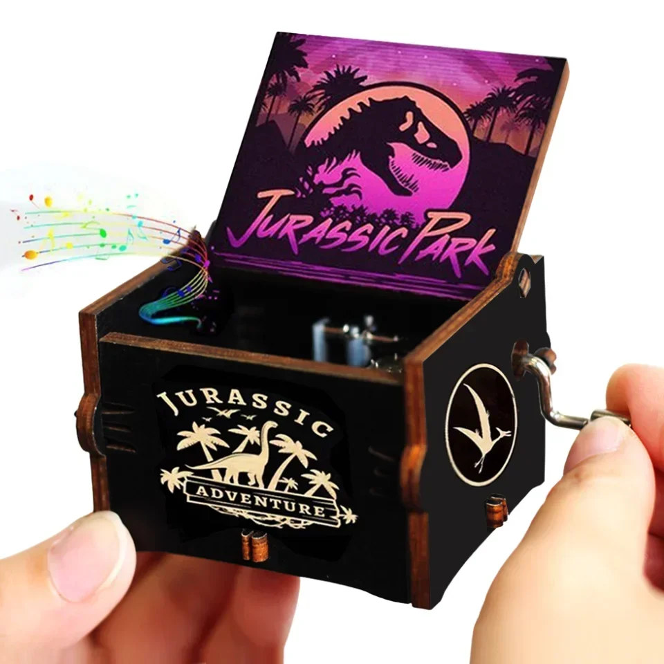 2025 HotHot sale  Antique carved Wooden Hand Crank Music Box Jurassic Park Music Box Action Toy Figure Anime Model Birthday Gift