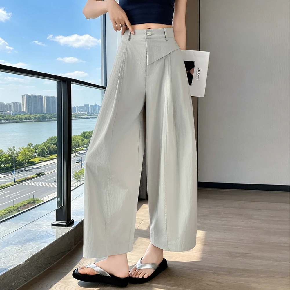 Seoulish Women Wide Leg Cropped Pants 2026 New Summer Lyocell Tencel Cotton High Waist Casual Loose Ninth Trousers for Women