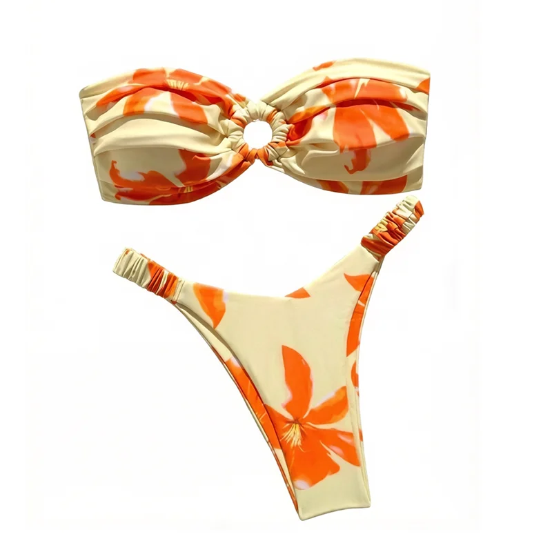 

Sexy Ruched Bandeau Bikini Push Up 2 Piece Swimsuit Ring Linked Swimwear Women Bikinis Bathing Suit Beach Wear Biquini Femme