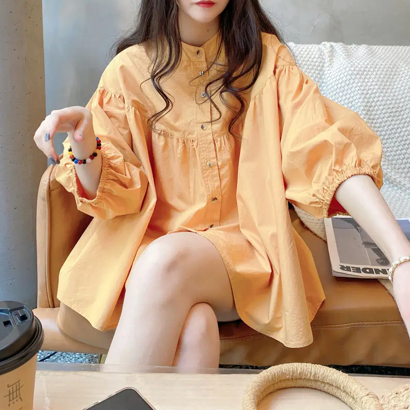 Shirt Top Summer Korean Version Simple Loose Foreign Cotton and Linen Shirt Women\'s Three-quarter Sleeves Blouse Female Casual