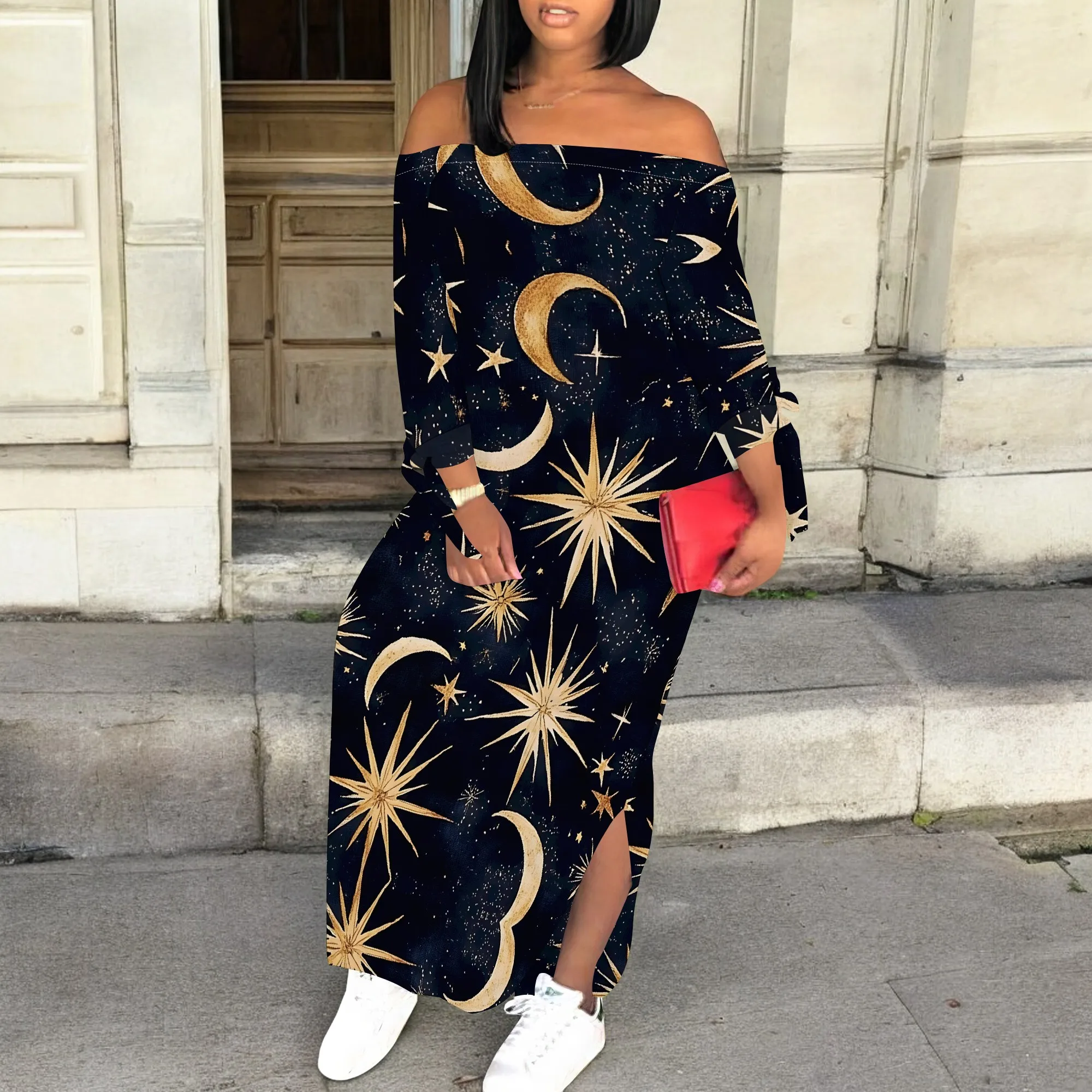 

Women's Star Moon Print Maxi Dress Off Shoulder Long Sleeve Loose Dress with Slit for Party Vacation Wear S-3XL