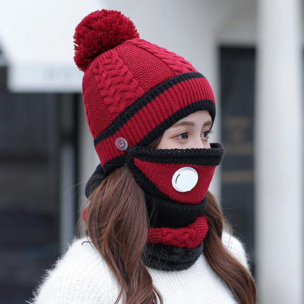 

Warm Knitted Hat Set Scarf Windproof Ear Protect Mask Thicken Knitting Neckerchief Cap