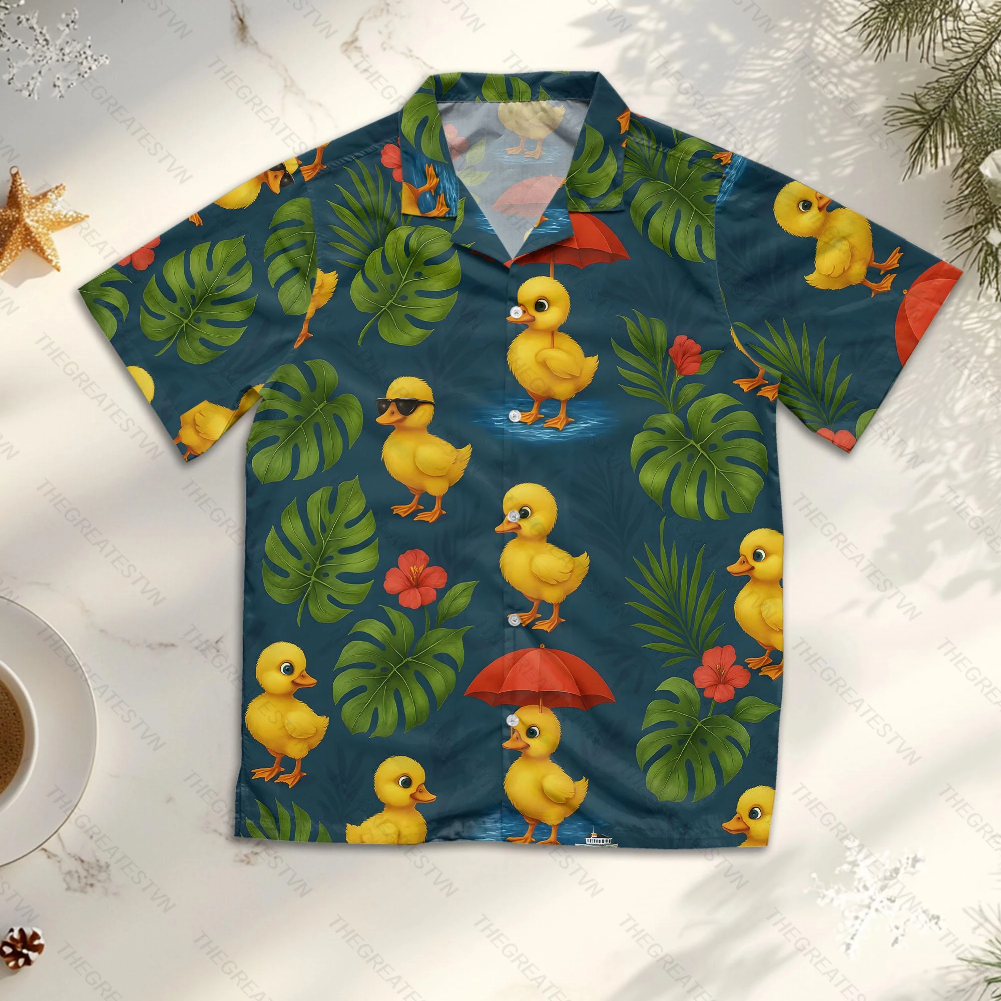 Colorful Duck Hawaiian Shirts Funny Rubber Duck Summer Aloha Blouses Lightweight Short-Sleeve Button-Up Beach Duck Lovers Shirt