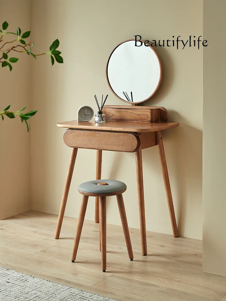 N19 American Dressing Table Dressing Stool Combination Walnut Color Pewter Solid Wood Log Nordic and Japanese Style Simple