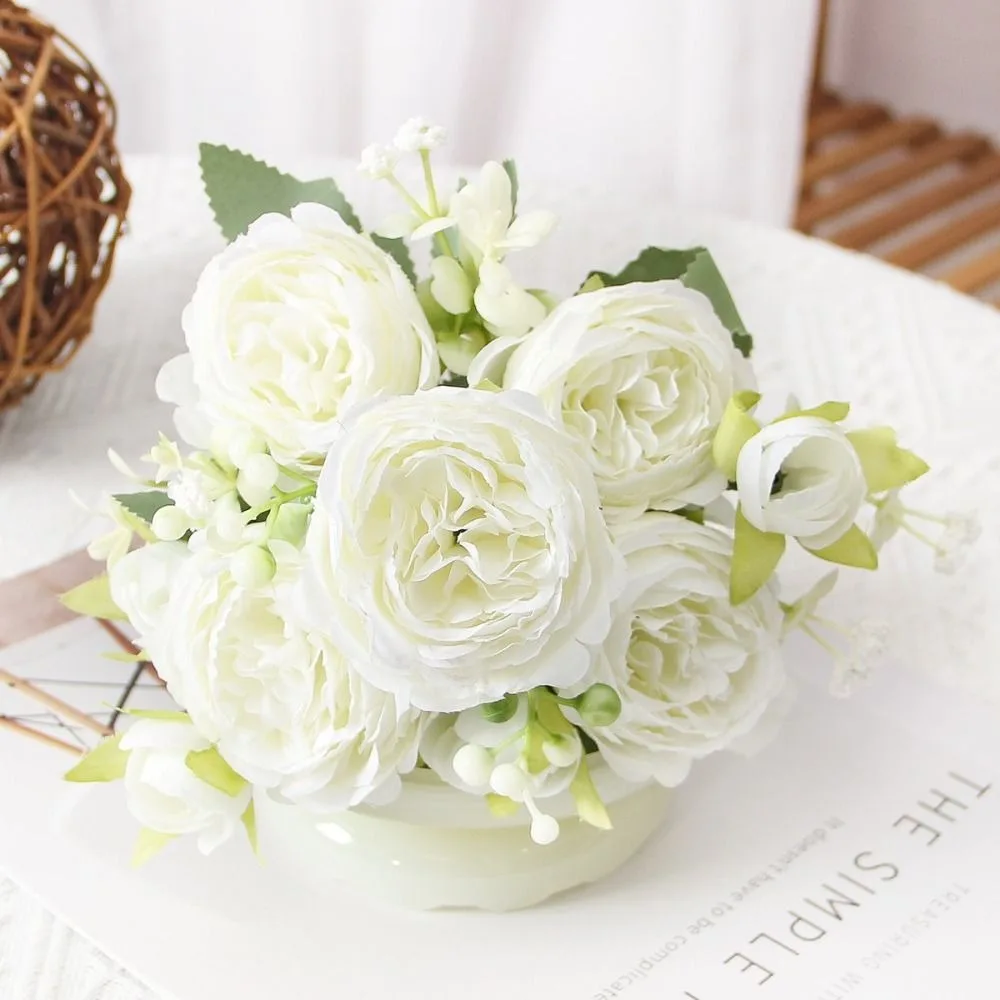أنيقة الوردي الفاوانيا الصغيرة الوردي الأبيض واقعية وهمية الزهور الجميلة الحرير الزهور باقة حديقة الزفاف #1