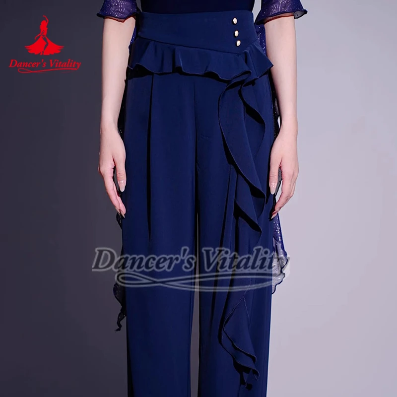 Pantaloni a gamba dritta per danza sociale con design a bottoni perlato su un lato Pantaloni da allenamento per danza Foxtrot Quickstep per adulti