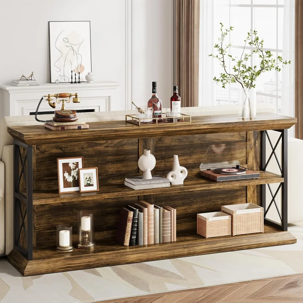 

Extra Long Console Table, Entryway Table with 3-Tier Storage Shelves, Vintage Industrial Behind Couch Table with Metal Frame