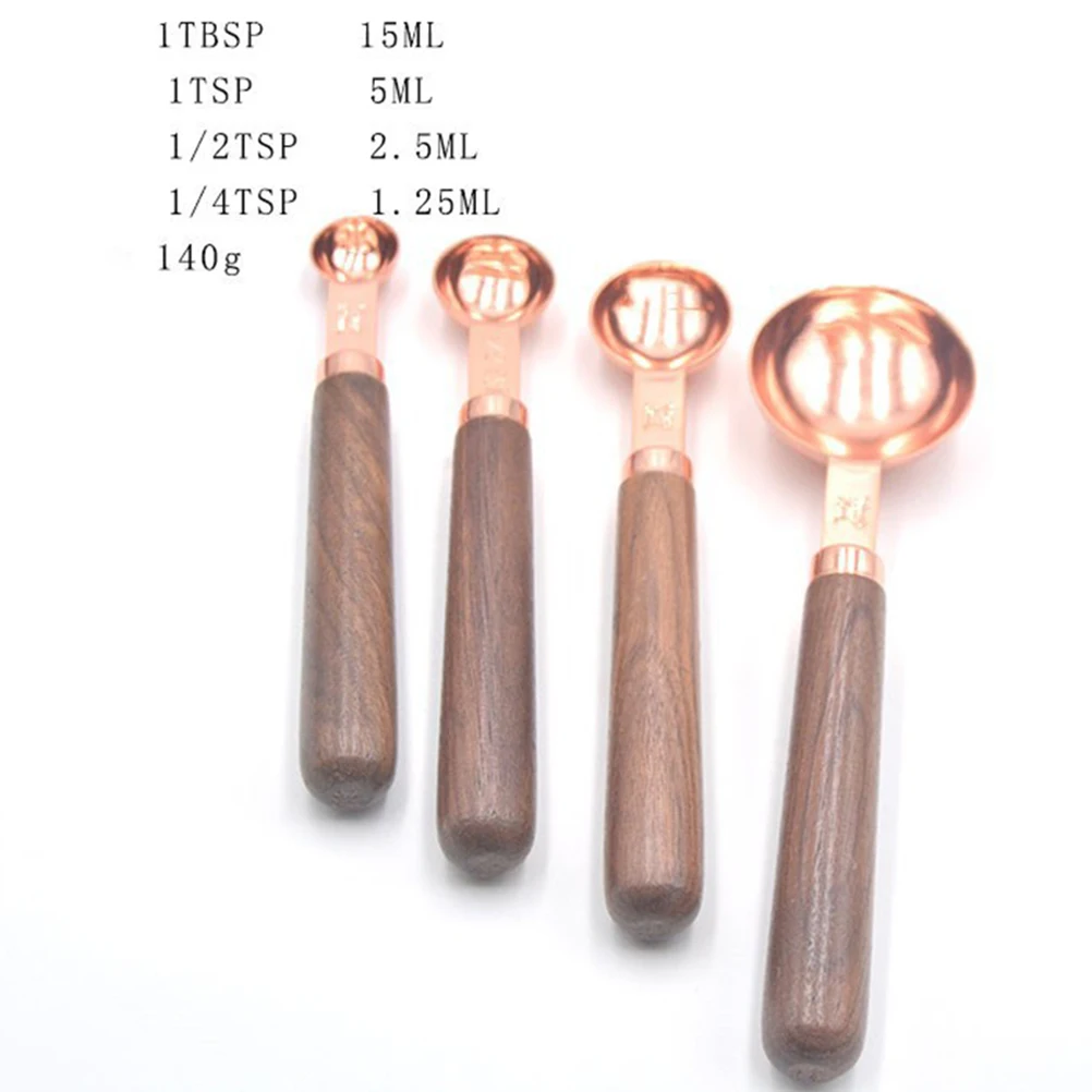 

4 Pcs Walnut Handle Measuring Spoon for Kitchen Stainless Steel with Bamboo Baking Tool