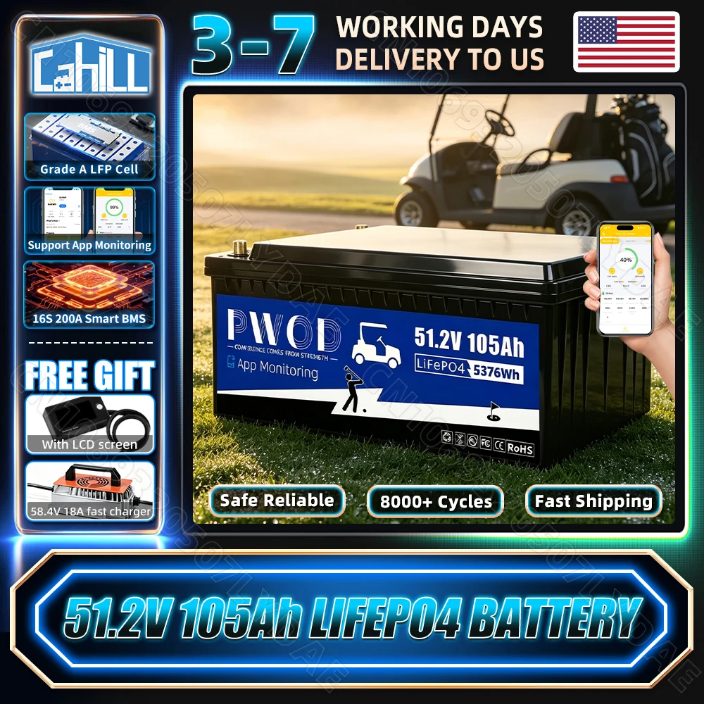 3A Active Balancing 48V 105ah Lifepo4 Battery Pack Built-in 16S 200A Smart Bluetooth BMS With Charger LCD Screen 5736WH 51.2V Golf Cart LFP Rechargeable Battery For RV Home Solar Energy Storage Golf Cart Backup Power