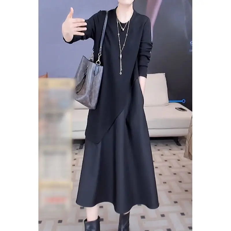 Imagem -04 - Vestido Midi Irregular de Grandes Dimensões Feminino Vestido Midi com o Pescoço Solto Duas Peças Falsas Roupa Casual Moda Coreana Outono Novo 2023