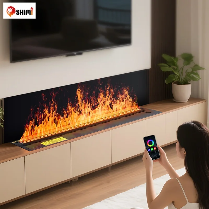 Electric Fireplace Heater,Black Stainless Steel Linear Wall Mounted Fireplace with App Control, 3 Sided Recessed LED Flame Decor
