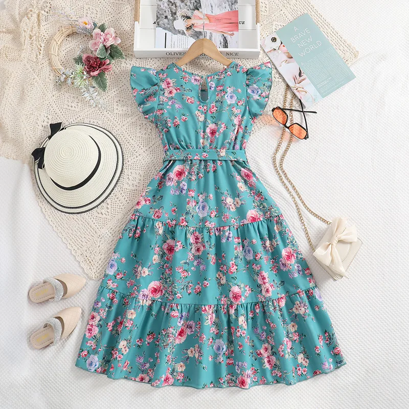 Kids Casual Dress for Girls Clothes Summer New Children Fashion Floral Print Blue A-line Princess Dress with Belt 7-14Y