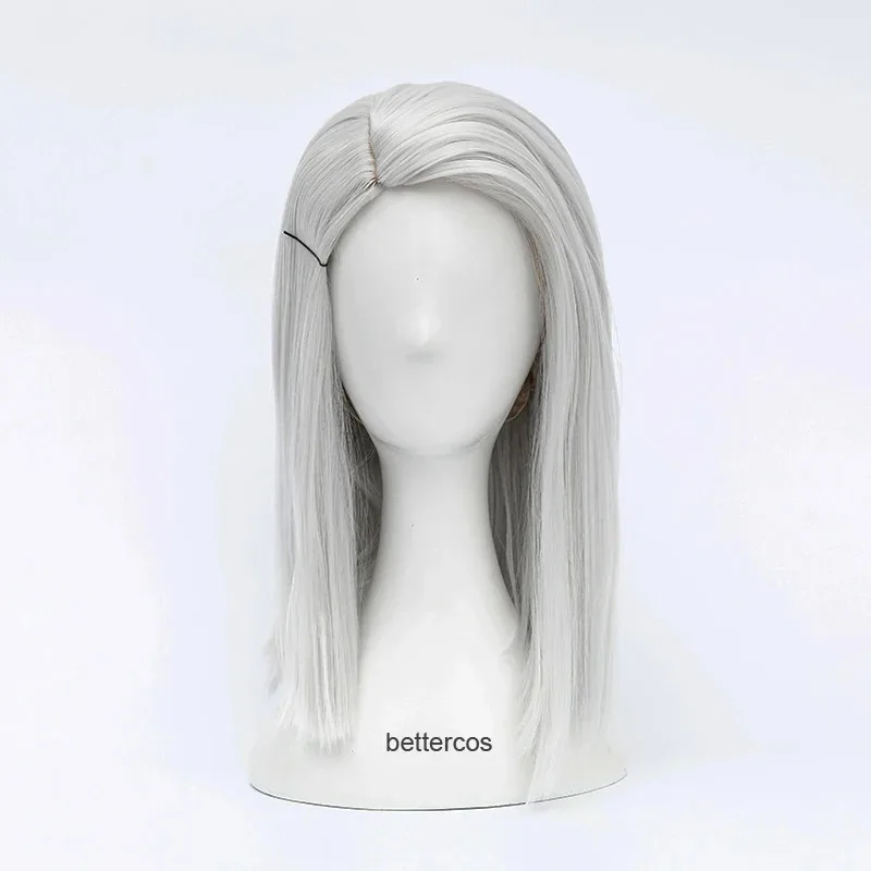 

NewOverwatch Ashe Cosplay Wig 30cm Short Straight Heat Resistant Synthetic Hair OW Game Wig Silver-white Costume Party Wig+ Wig