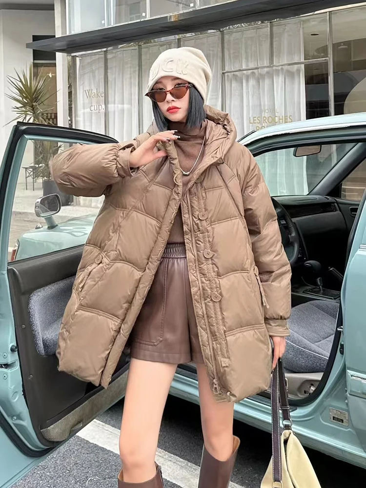 

Winter Loose Hooded Mid Length Down Jacket Female Irregular Button Warm Jacket Women White Duck Down Solid Casual Parker Outwear