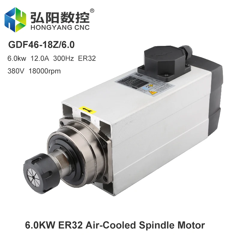 6.0KW CNC Square Air Cooled Spindle Motor ER32 Collet 4 Bearings 220V 380V Milling Spindle For CNC Carving Woodworking Router