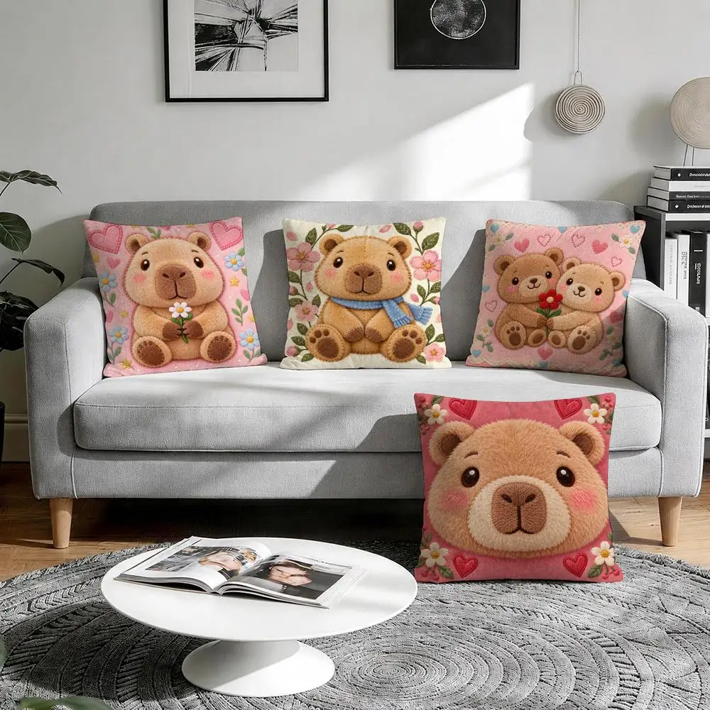 Teddy Bear Cushion Cover 1/4Pcs Linen Throw Pillow Covers Double-Side Print Sofa Couch Living Room Decor