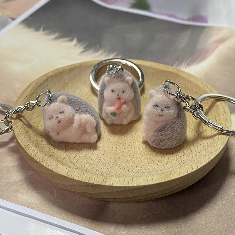 Cute Fluffy Sleeping Hedgehog Animal Keychains Resin Creative Funny Lovely 3D Flocking Pet Pendant Bag Box Car Key Ring Jewelry