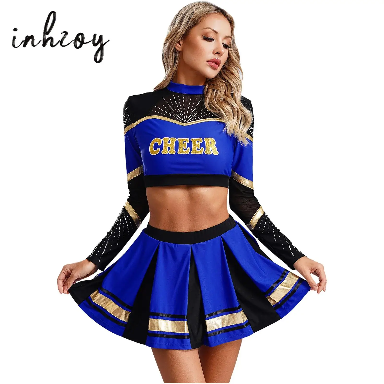 

Women Cheerleading Costume High School Girls Uniform Carnival Cosplay Outfit Long Sleeve Crop Top and Mini Pleated Skirt Set