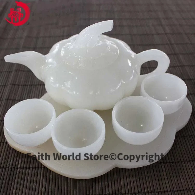 

A set HOME OFFICE TOP Business Decorative Collection Auspicious White Jade Teapot Cups Hand carving statue BEST present gift