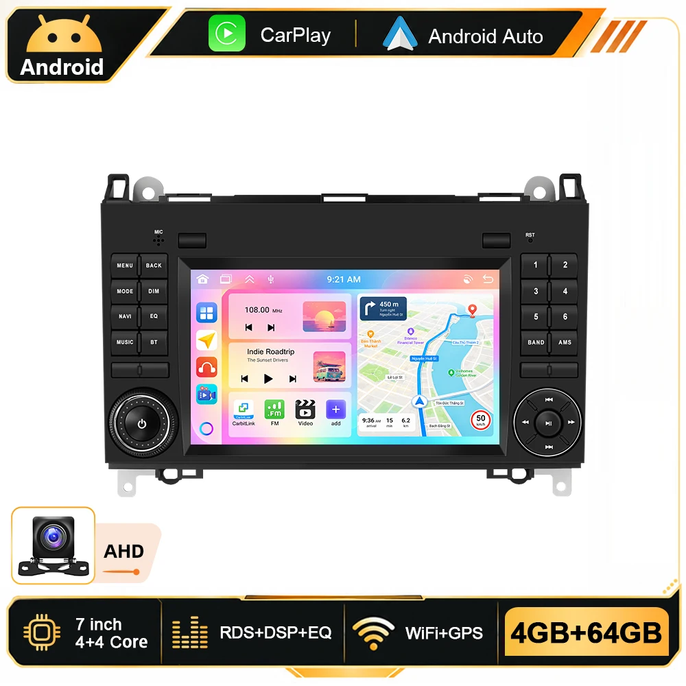 Podofo 7'' 6G+128G Android Auto-Multimedia-Player für Mercedes Benz Sprinter W906 W209 A-Klasse W169 B-Klasse W245 Viano/VITO GPS-Navigation WiFi BT Smart Car Systems CarPlay Android Auto Autoradio
