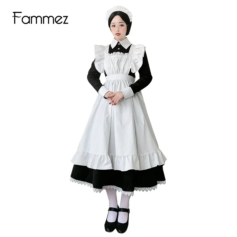 Saia longa de empregada tradicional preto e branco, uniforme japonês, vestido diário bonito, vestido vitoriano de mordomo britânico, nova roupa, 2024