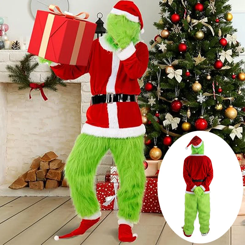 Christmas Green Big Monster Costume 7Pcs Deluxe Green Santa Cosplay Furry Suit with Mask for Adult Men Women