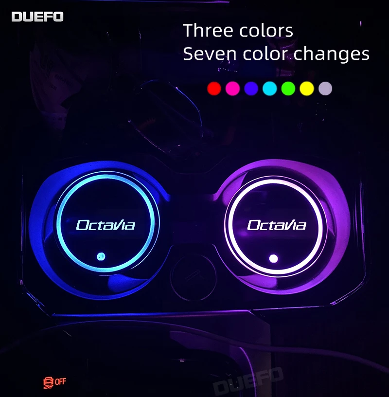 

Car Luminous Water Cup Coaster 7 Colorful Car Led Atmosphere Light For Skoda Octavia Car logo Cupmat Ambience lights Accessories