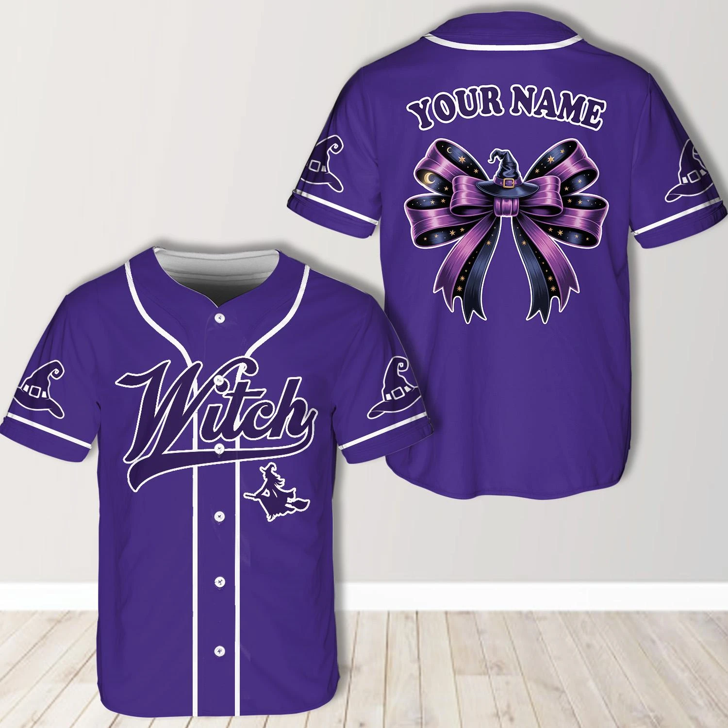 Custom Witch Baseball Jersey Halloween Witch Top Purple Witch Tee Spooky Season Shirt Witch Sports Tee Custom Name Jersey