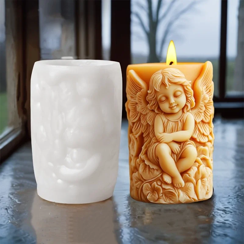 3D Wing Angel Relief Cylinder Candle Silicone Mold Easter Angel Flower Statue Cylinder Resin Silicone Mould Crafts Gypsum Molds