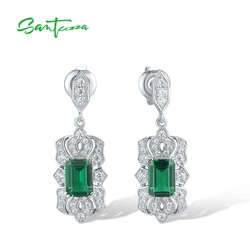 SANTUZZA Pure 925 Sterling Silver Stud Earrings For Women Sparkling White CZ Green Spinel Long Grand Party Gift Fine Jewelry