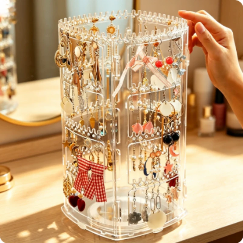 360 Degree Rotating Jewelry Storage Box Plastic Earring Display Stand Makeup Organizer Showcase Holder