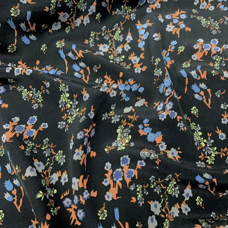 

1 meter 100% Mulberry Silk 16 momme Crepe Silk Fabric Black with Small Floral Printed 140cm 55" wide by the yard JX046